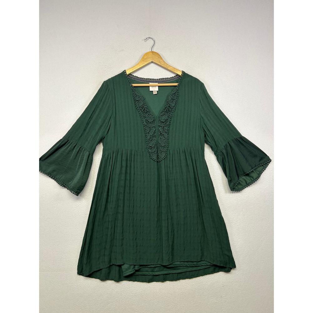 Boho Cottagecore Knox Rose Womens XXL Green Lace V-Neck Bell Sleeve Tunic Dress